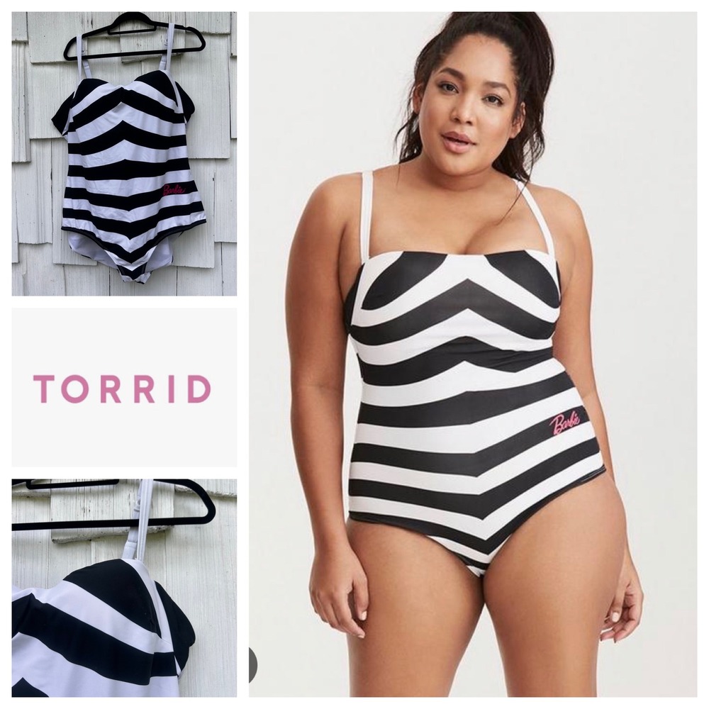 Torrid Barbie Black White Striped One Piece Swimsuit Plus Size 4 Sweetheart Neck